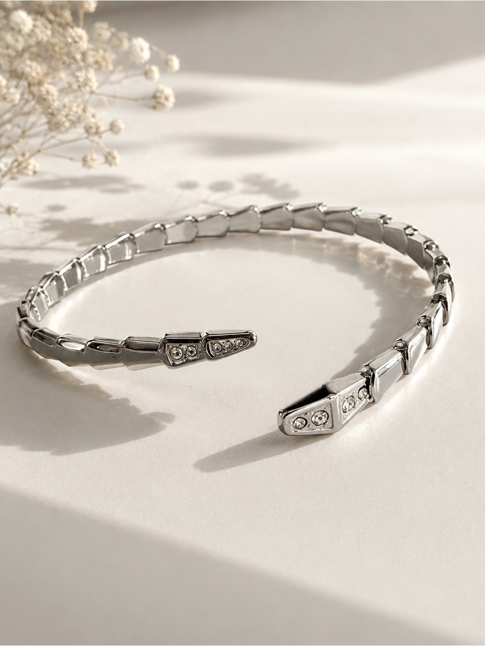 Stainless Steel Crystal-Accented Snake Cuff Bracelet - Women Jewelry